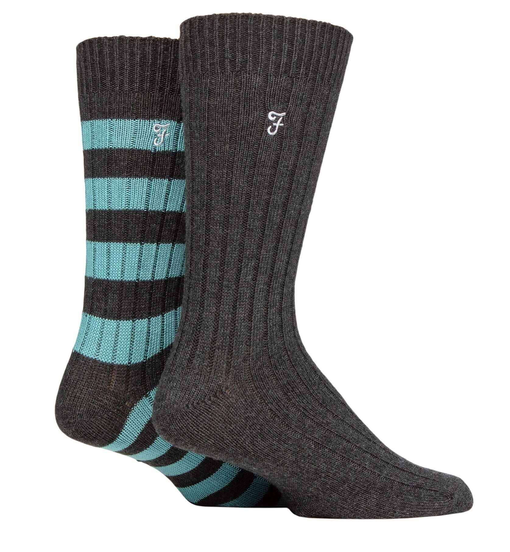 Farah Men's Bamboo BOOT Socks 2 Pack Socks (6-11 ) -Charcoal/Teal