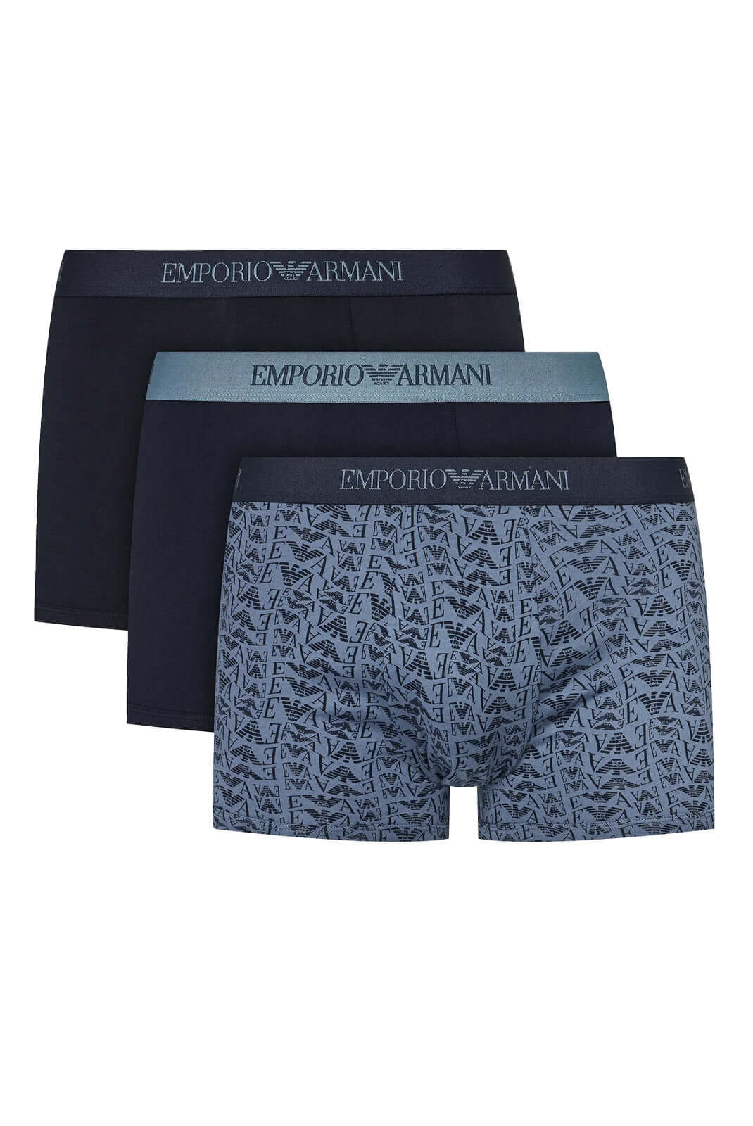 Emporio Armani 3 Pack Trunks Stretch Cotton - Navy Logo Pattern