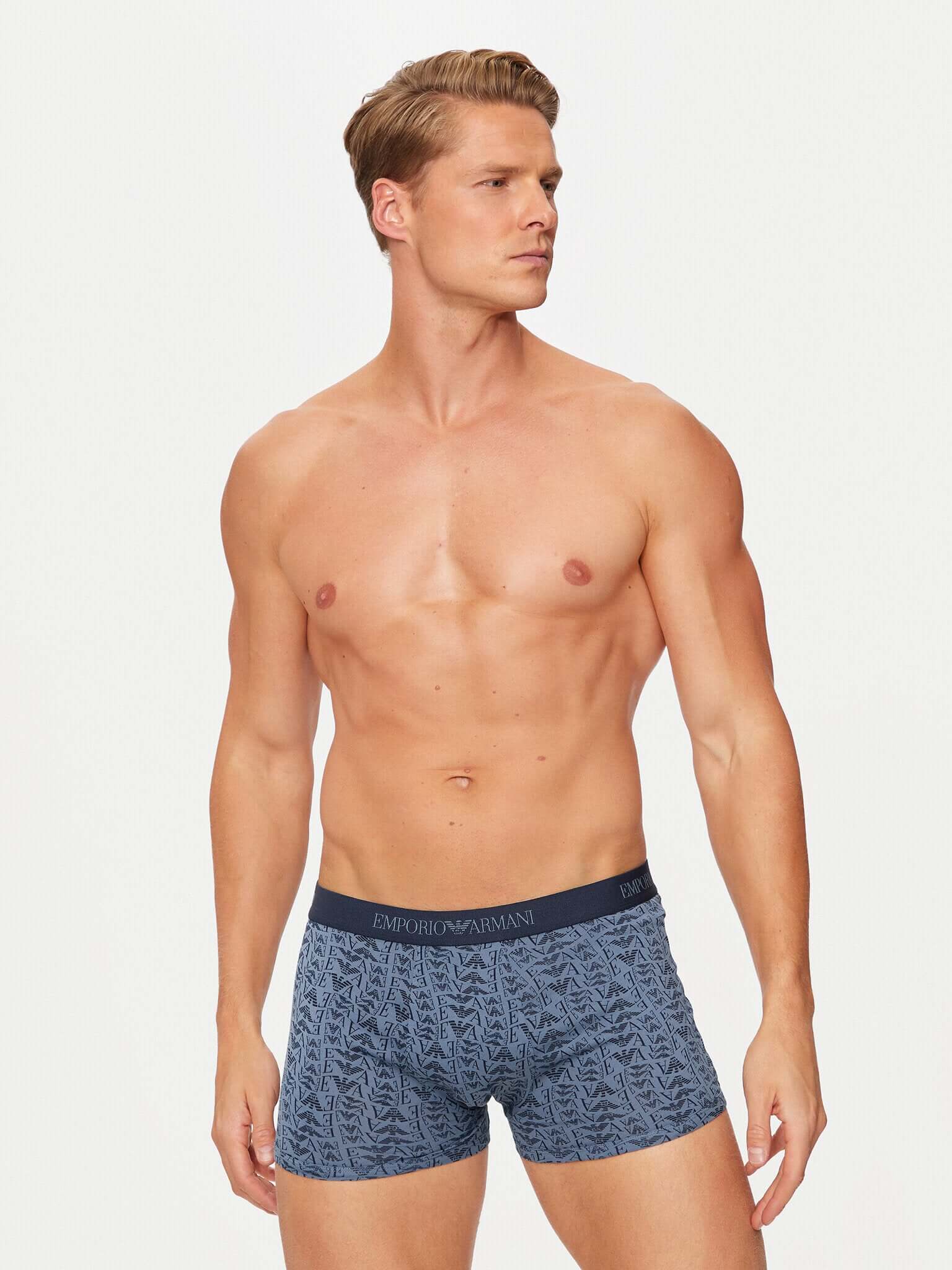 Emporio Armani 3 Pack Trunks Stretch Cotton - Navy Logo Pattern