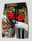 Colorful shorts with graphic designs and 'PSD' branding on a gray background