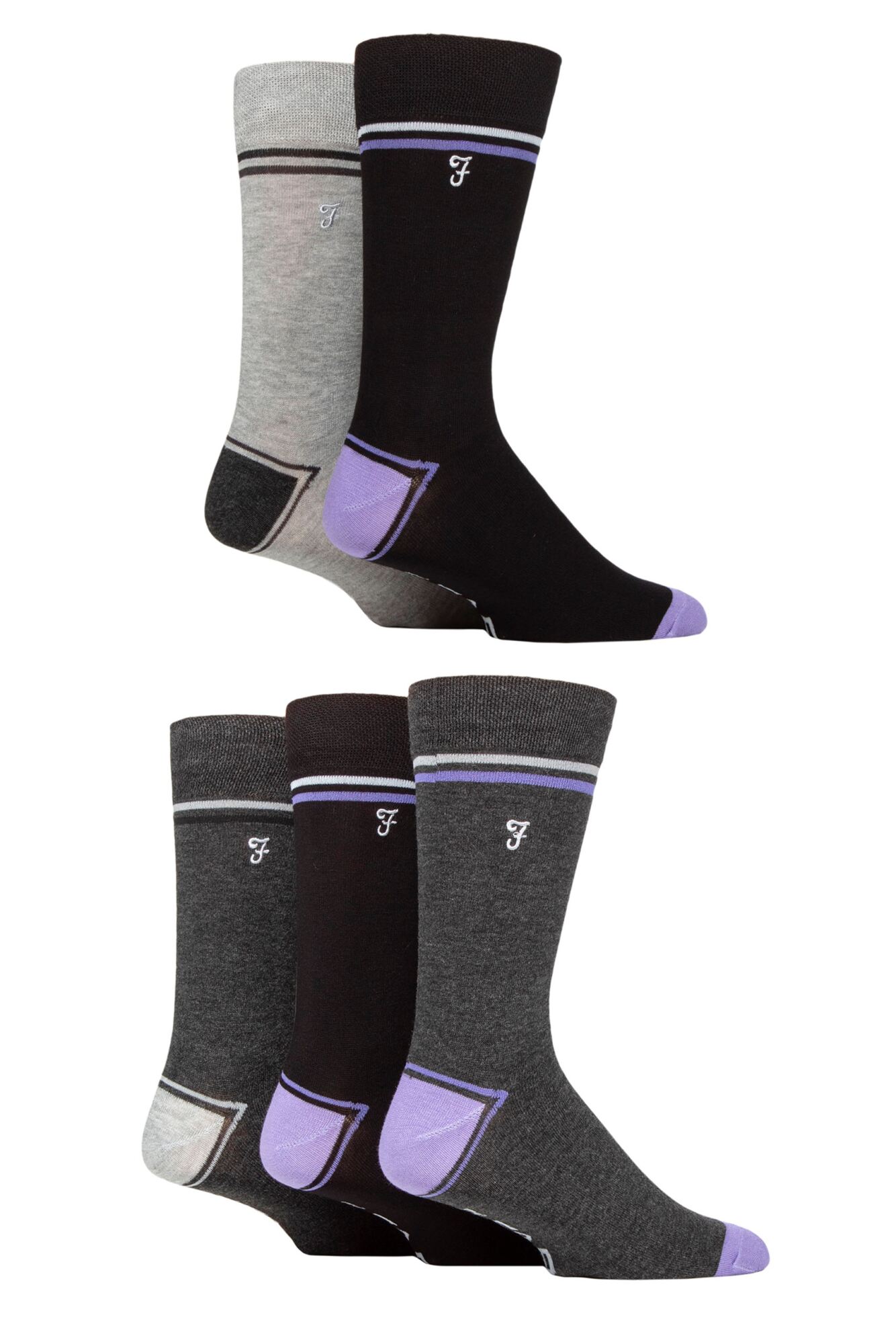 Farah Men's Contrast Heel & Toe 5 Pack Socks With Embroidered Leg (6-11 )