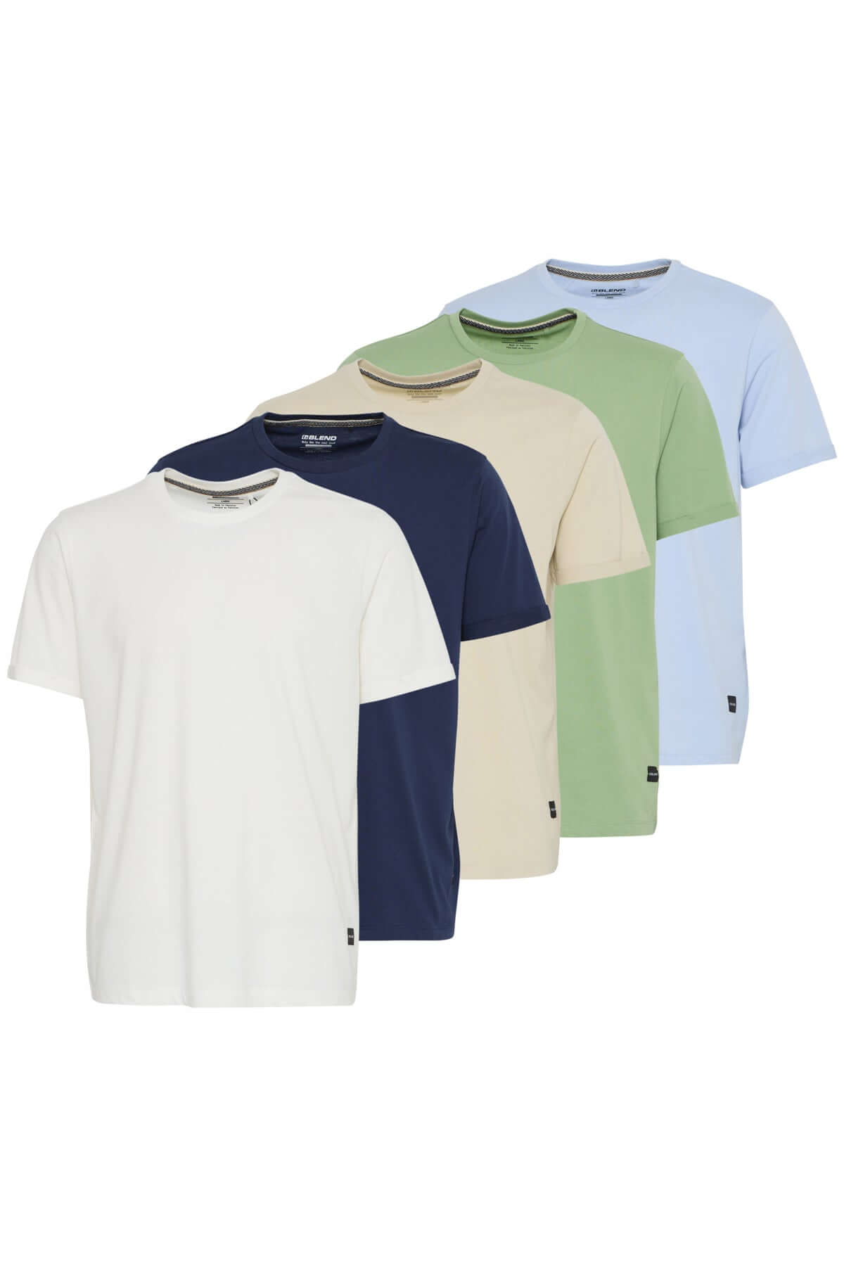 Blend 5 Pack Regular Fit Cotton Stretch T-Shirts – White, Navy, Beige, Green & Blue