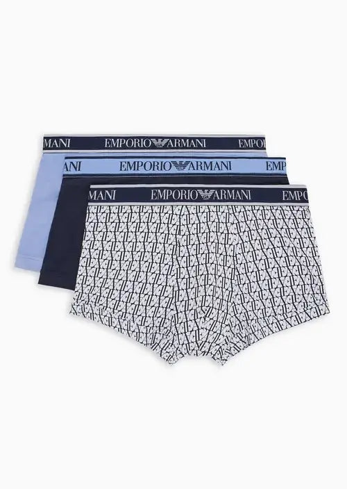 Emporio Armani 3 Pack Low Rise Trunks with core logo - Blue/Navy/White Print