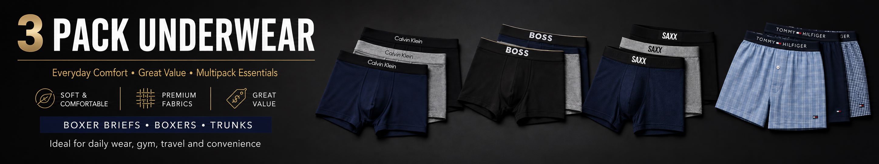 Men’s 3 pack underwear, including boxer briefs, boxers and trunks from trusted designer brands. 