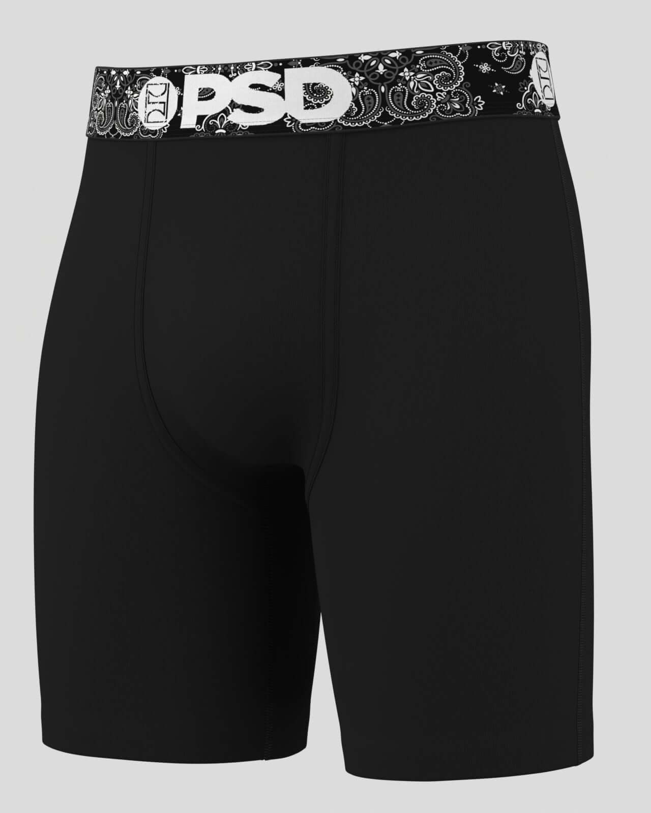 PSD 7" Boxer Briefs Solids 3 Pack Cotton Stretch - Black, Paisley Waistband