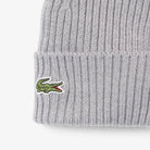 Lacoste silver chine wool beanie ribbed knit embroidered crocodile close up