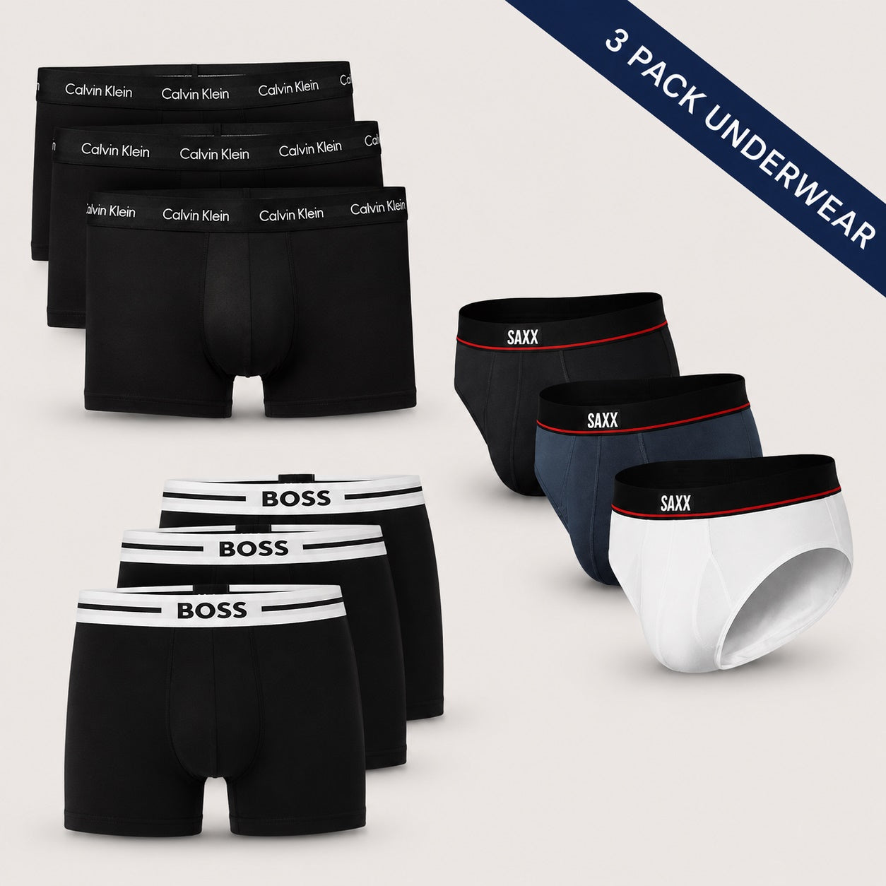 Three packs of men's designer underwear from Calvin Klein, Saxx, Lacoste, Armani and Boss 