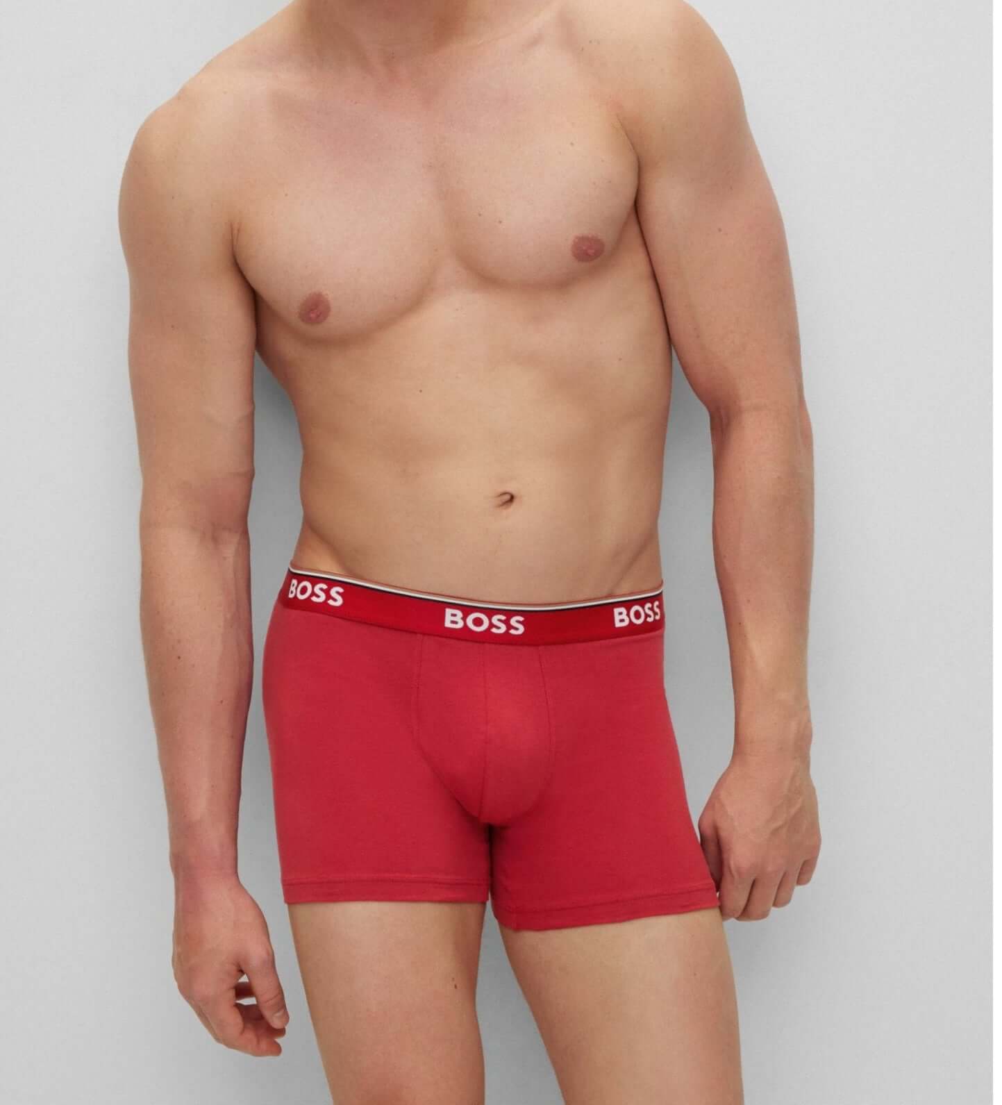 BOSS – 3 Pack Stretch Cotton Boxer Briefs with Logo Waistbands – Red/Black/Blue