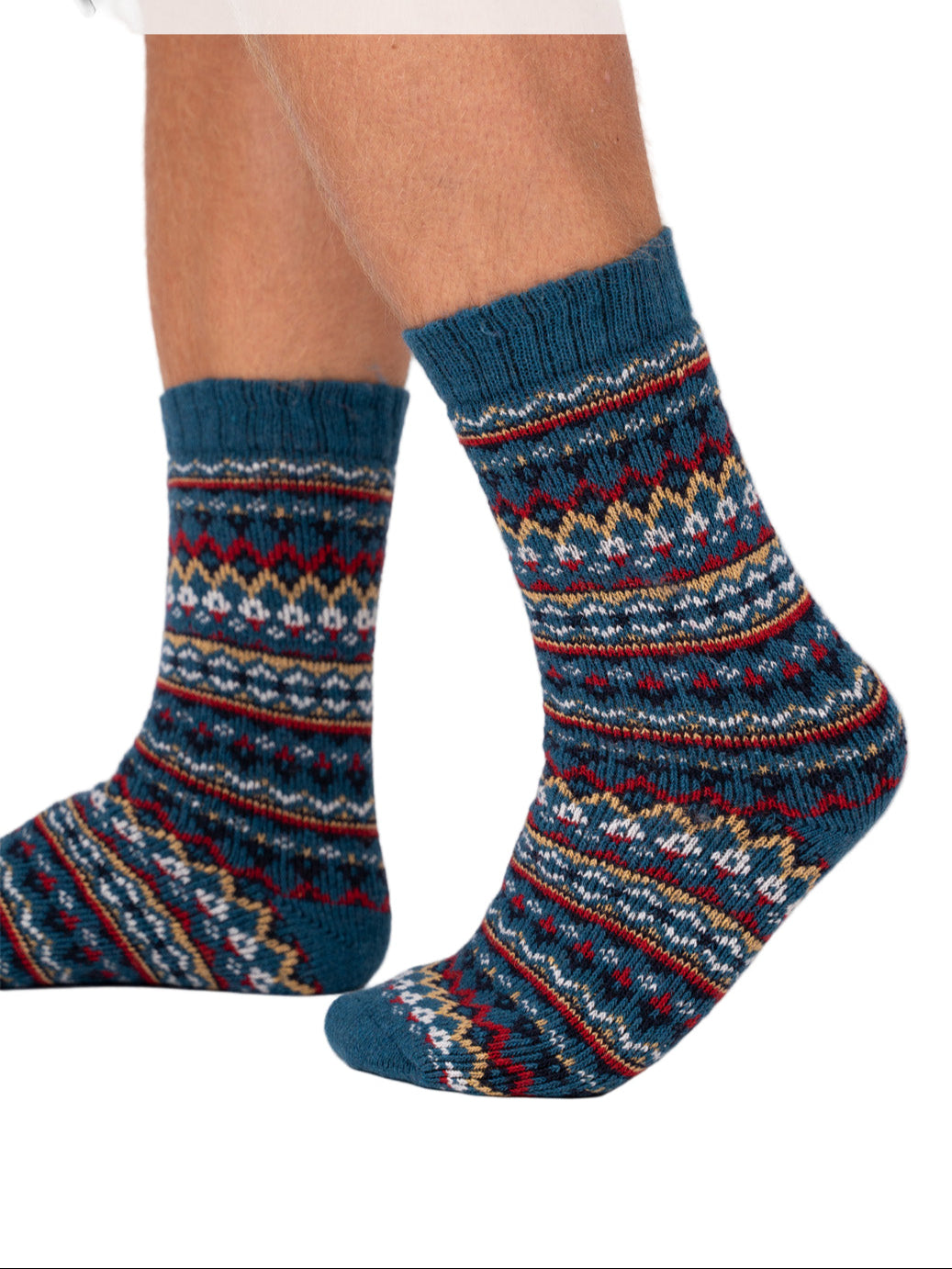 Pair of patterned socks with 'Skandinavisches Buntes Design' text on a white background