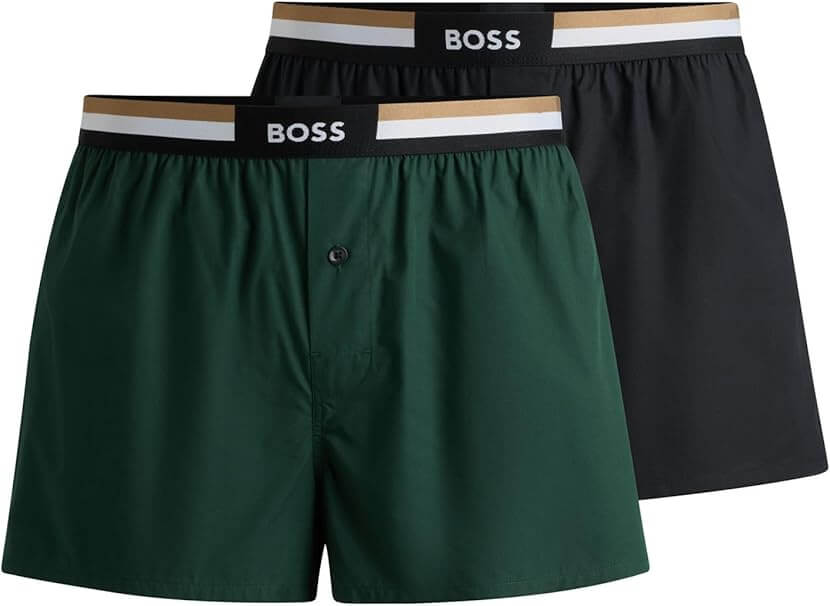 Boss Two Pack Woven Boxers Pyjama Shorts in Cotton Poplin Green Black