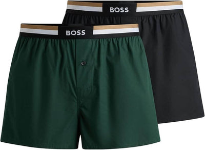 BOSS Two-Pack Woven Boxers / Pyjama Shorts in Cotton Poplin - Green / Black