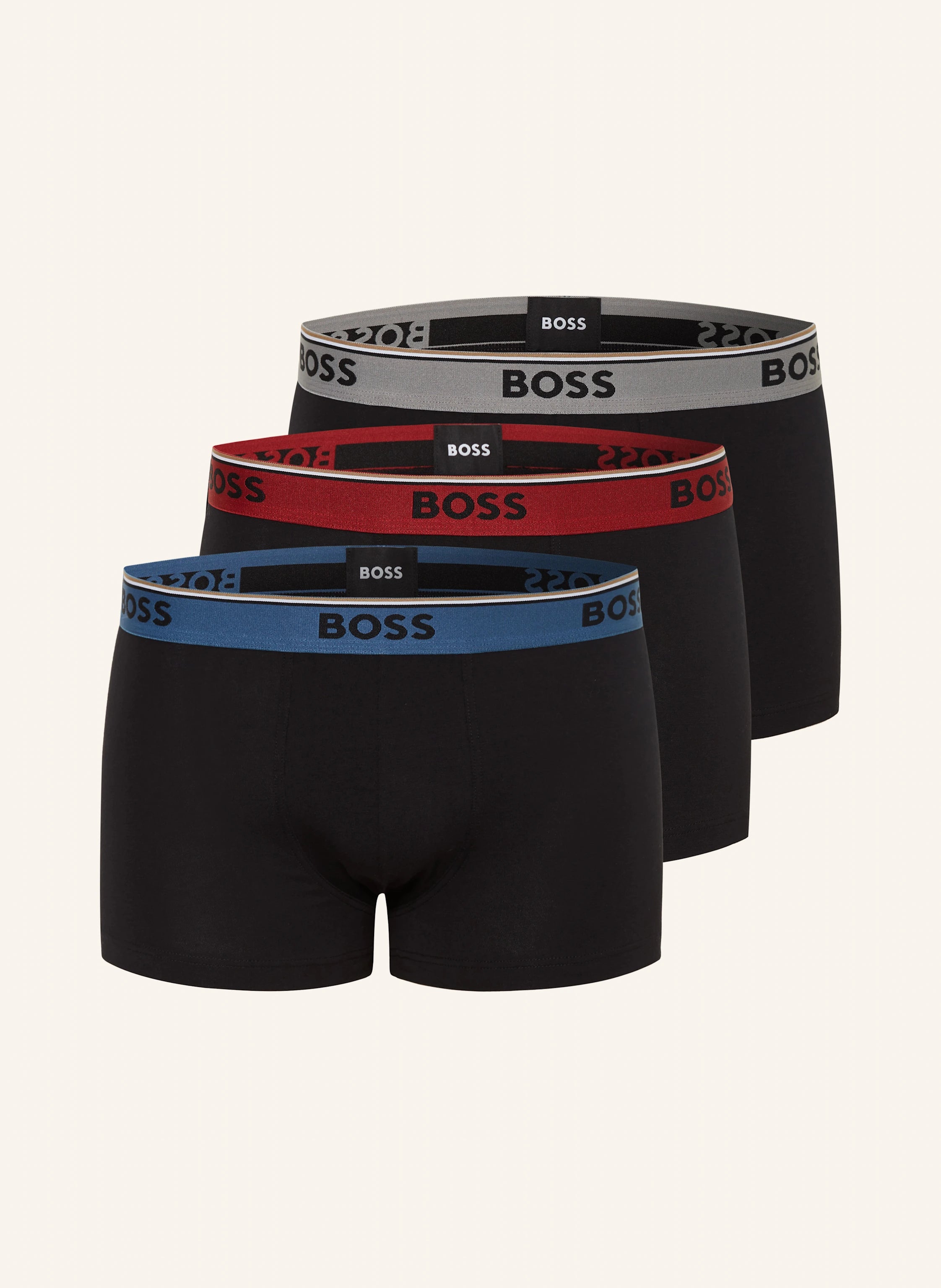 Set of black boxer briefs with multicolored waistbands on a white background, featuring the BOSS brand.