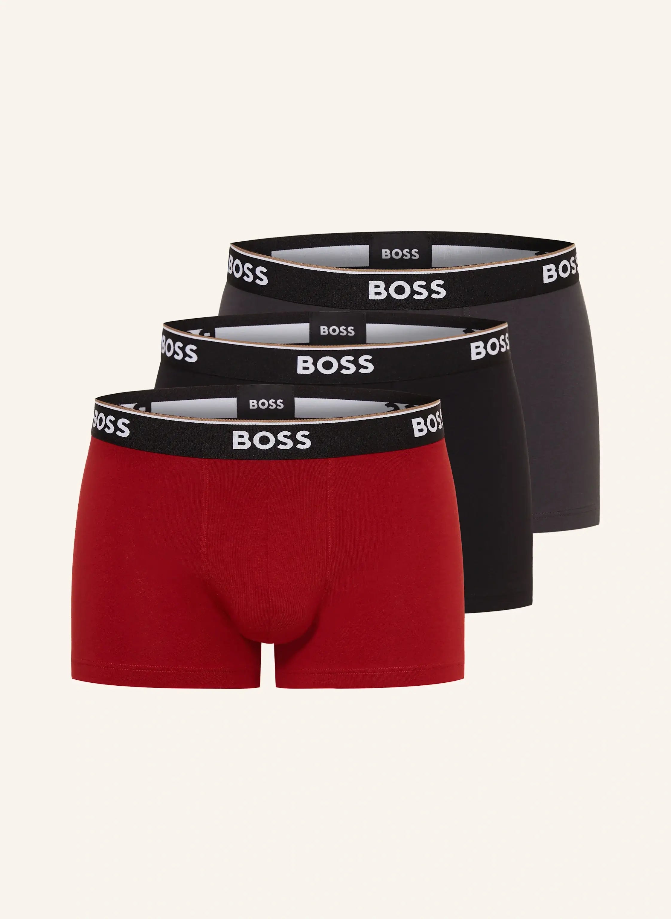 BOSS 3-Pack Stretch Cotton Trunks – Red/Black/Charcoal