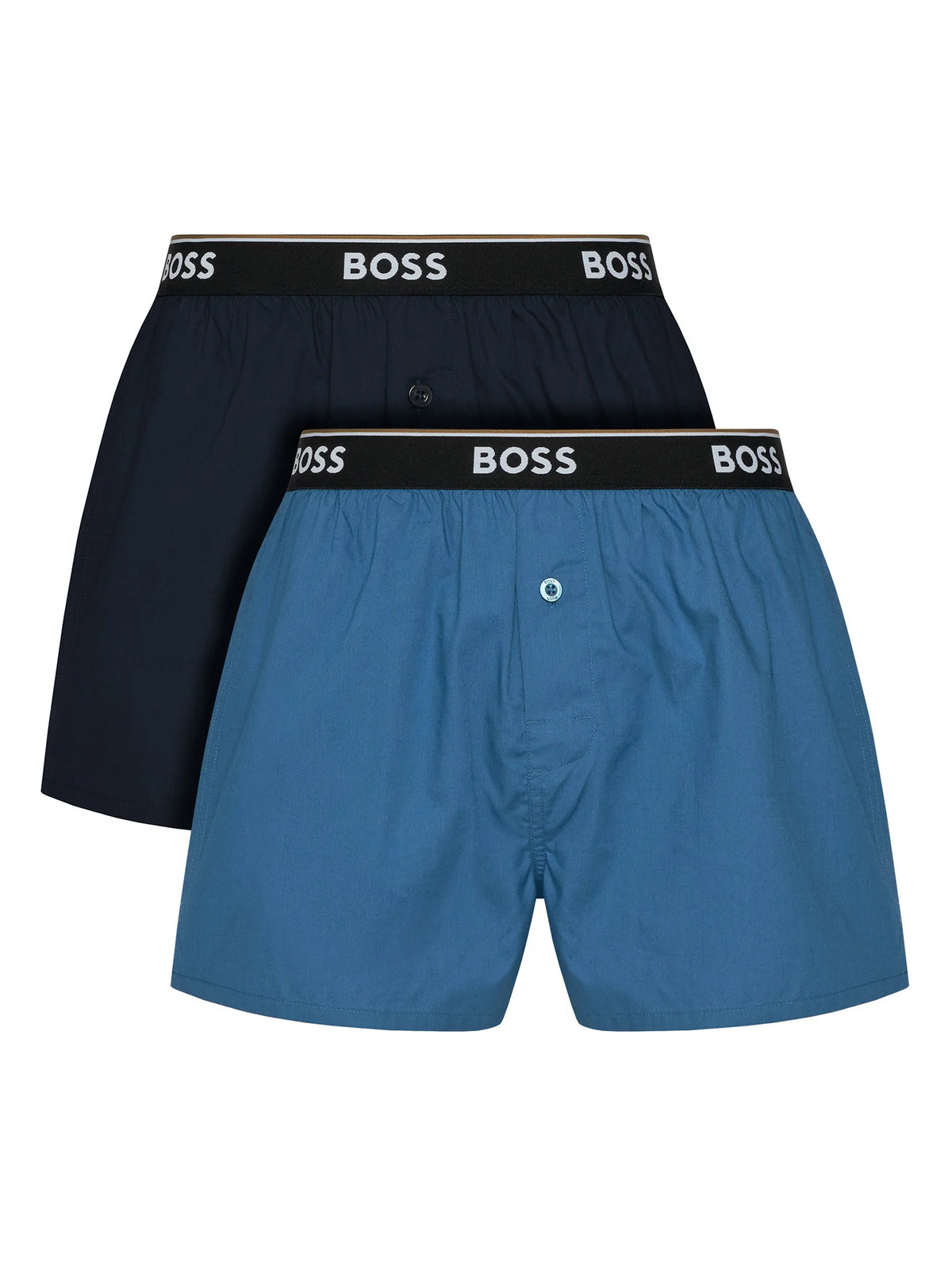 Two pairs of BOSS men's boxer briefs, one in dark navy blue and one in medium blue, displayed overlapping on a solid white background.