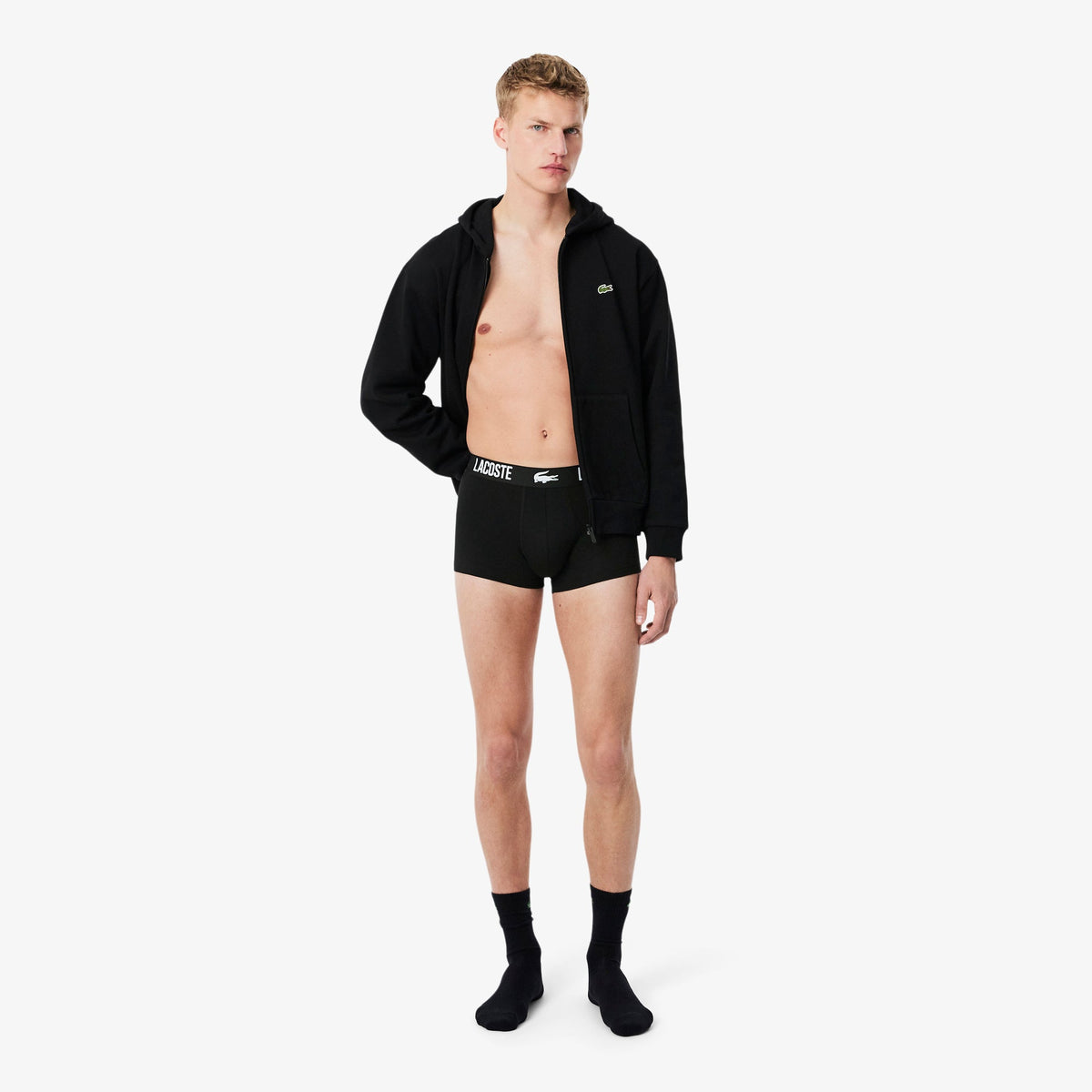 Lacoste men's black cotton stretch trunks lifestyle outfit