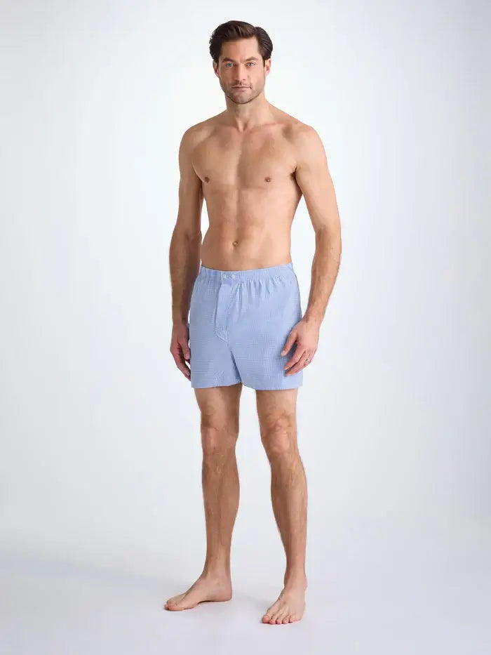 Derek Rose Men’s Luxury Gingham Cotton Boxers – Classic Fit, Light Blue