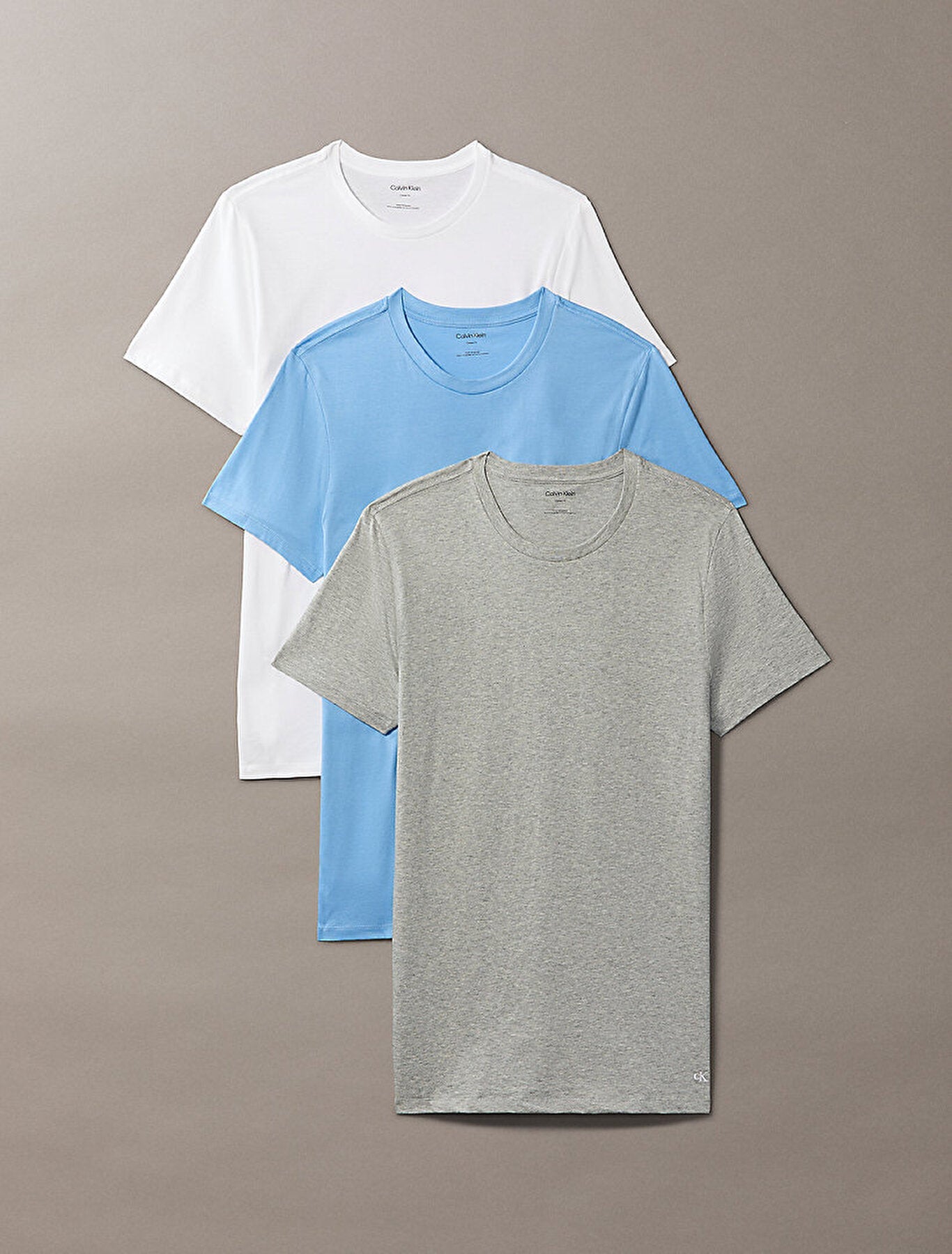 Calvin Klein Cotton Classics 3 Pack Crew Neck T-Shirts – white, light blue and grey heather, three-pack front
