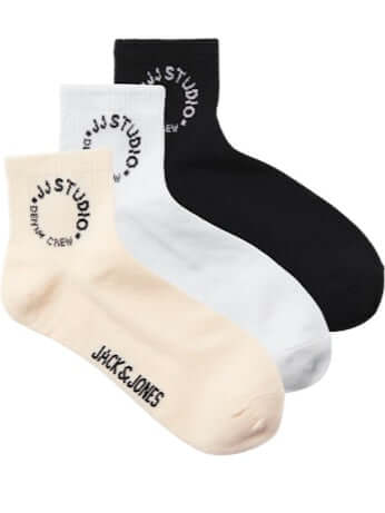 Jack & Jones 3 Pack Jacmarcus Short Sports Socks - White/Black/Beige ( 7-11 )