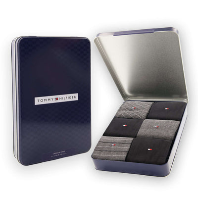 Tommy Hilfiger Men’s 6 Pack Crew Socks Gift Tin – Navy, Dark Melange & Black