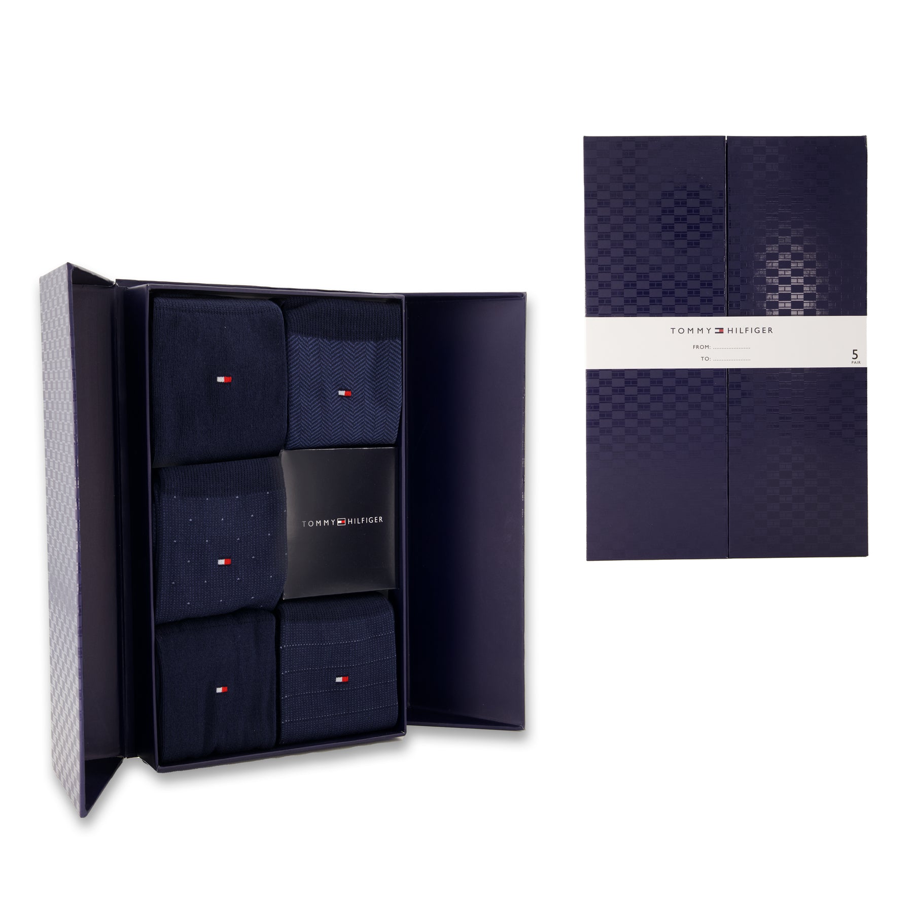 Set of navy blue socks with Tommy Hilfiger branding in a branded box.