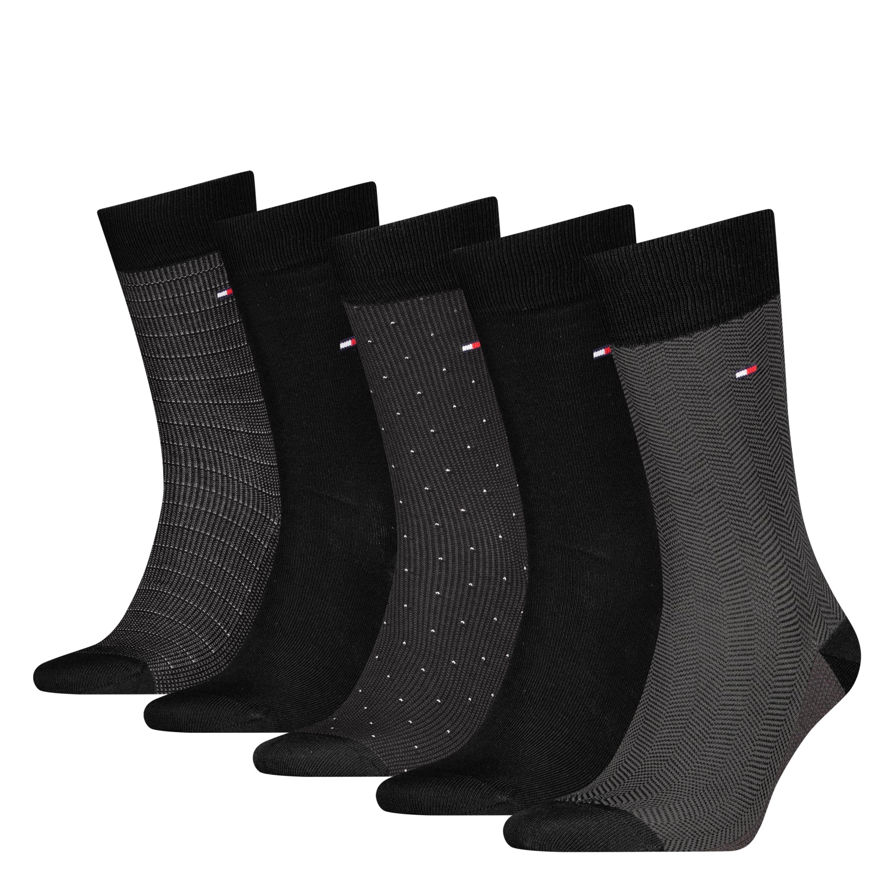 Set of black and gray patterned socks on a white background