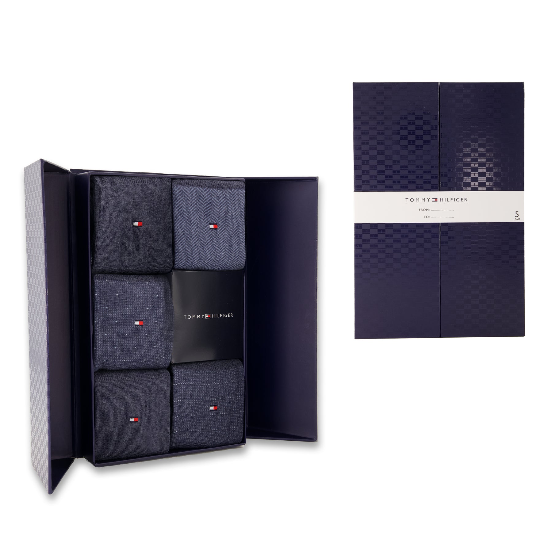 Set of Tommy Hilfiger men's socks in a branded box with a close-up of the packaging.