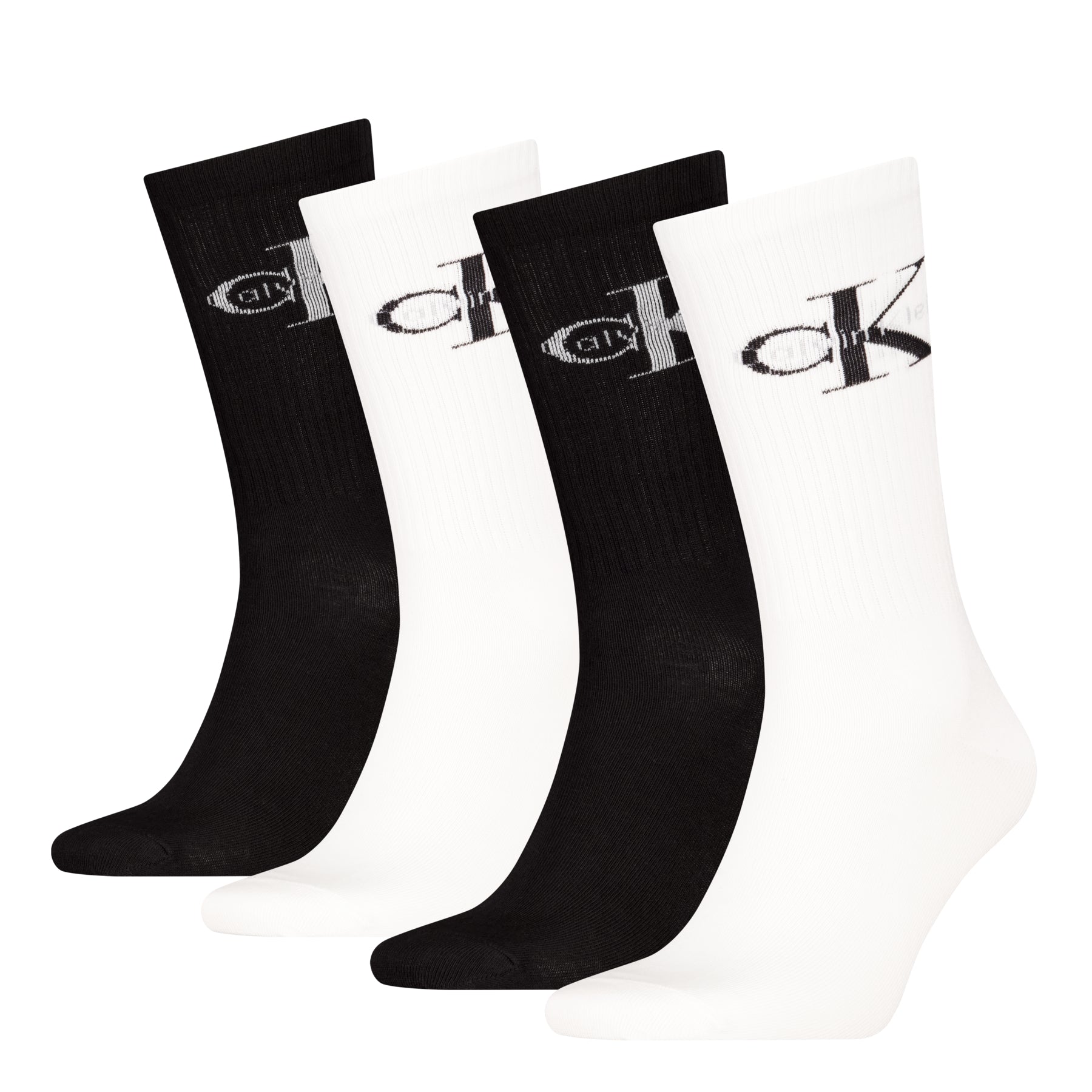 4  pairs of black / white socks with a logo on a white background