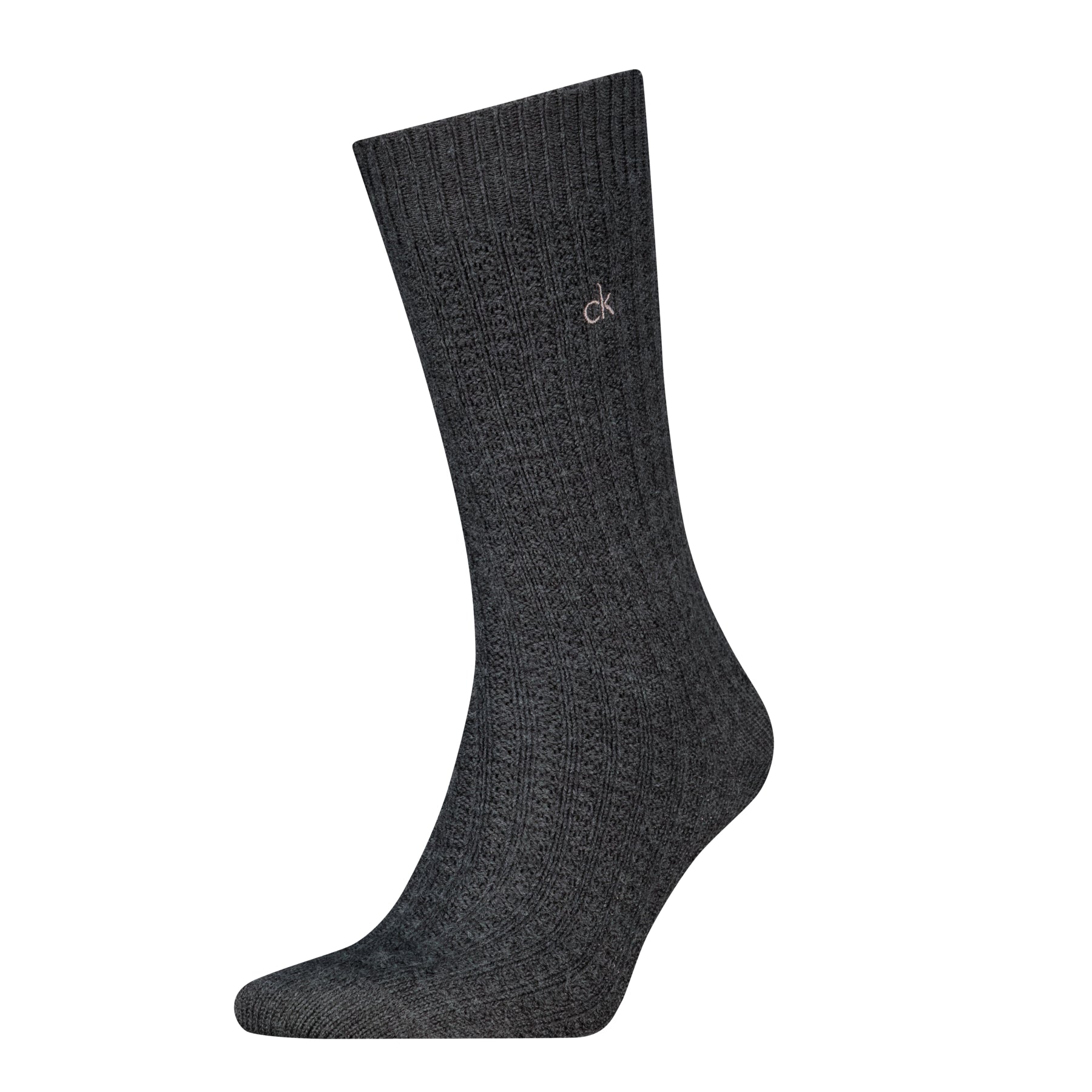 Dark gray sock with a brand logo on a white background
