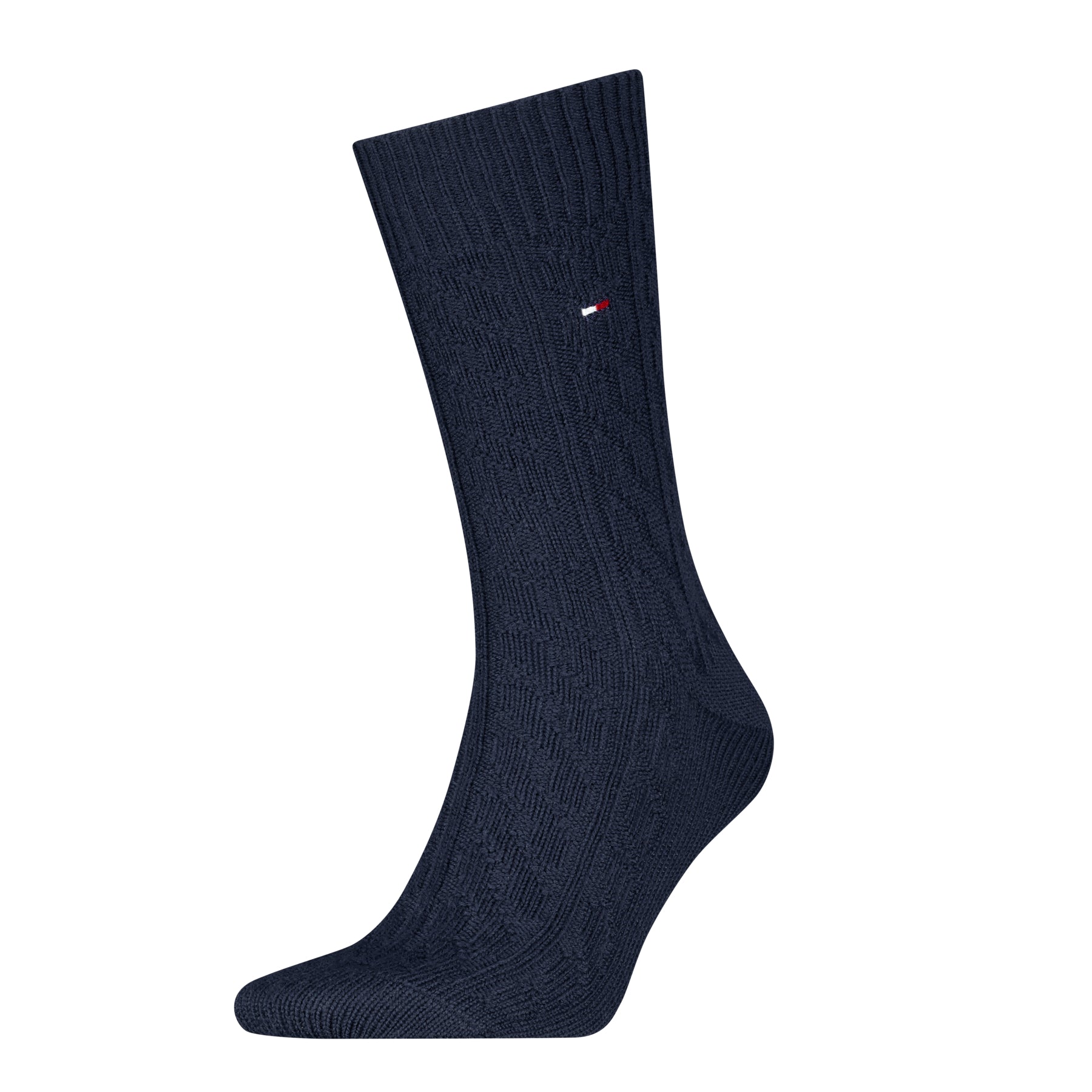 Navy blue sock with a small logo on a white background