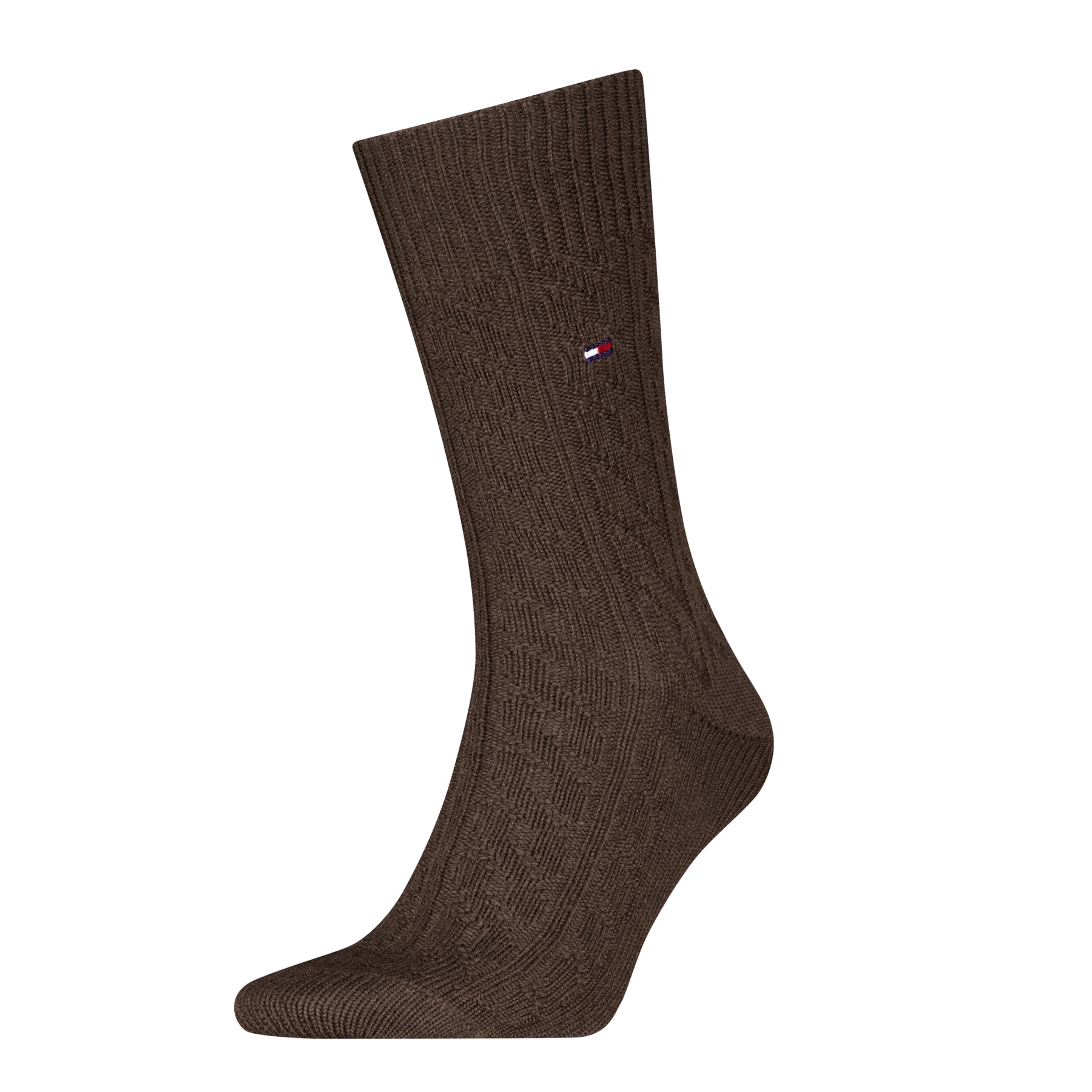 Brown sock with a small logo on a white background