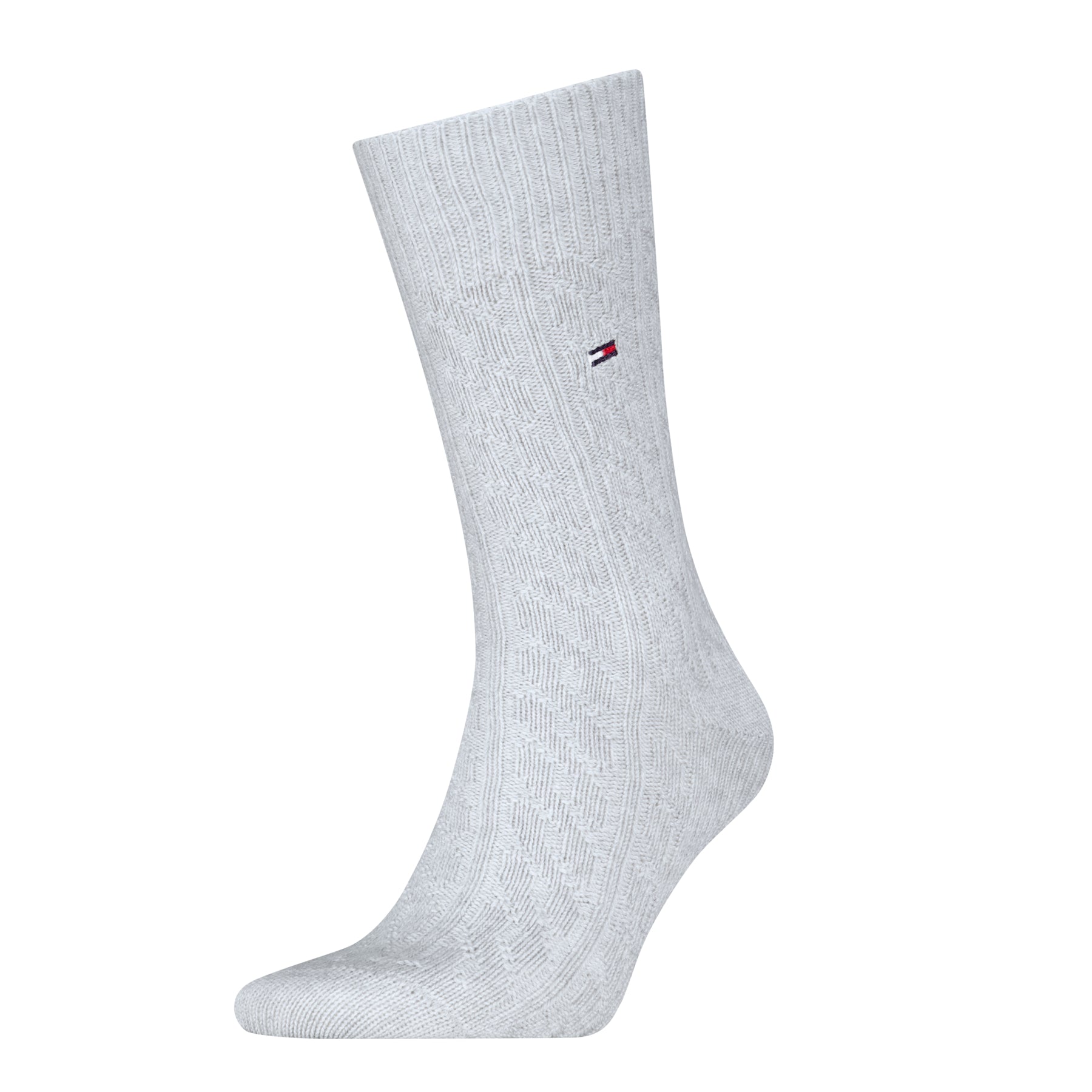 Gray sock with a small red logo on a white background