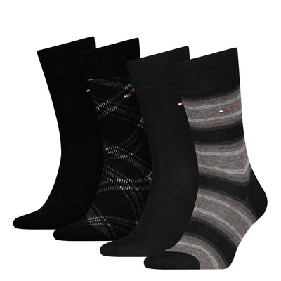 Tommy Hilfiger Men’s 4 Pack Stripe & Check Socks – Black | Eco Cotton Gift Set