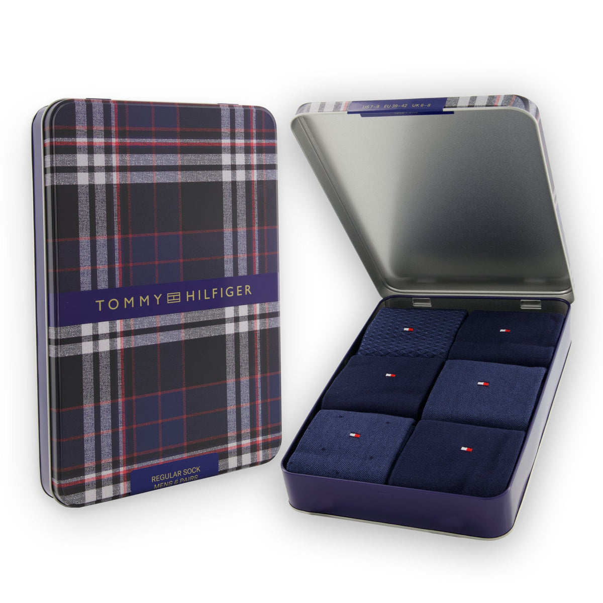 Tommy Hilfiger Men's 6 Pack Birdseye Crew Socks Gift Tin - Navy