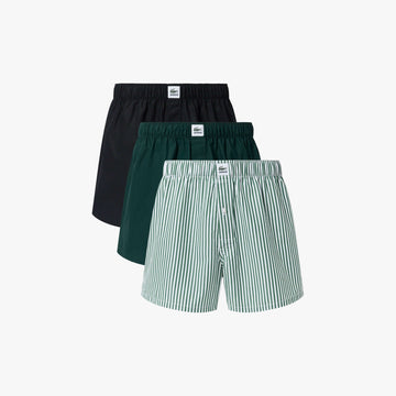 Lacoste 3-Pack Cotton Poplin Boxers – Mens Striped Woven Underwear