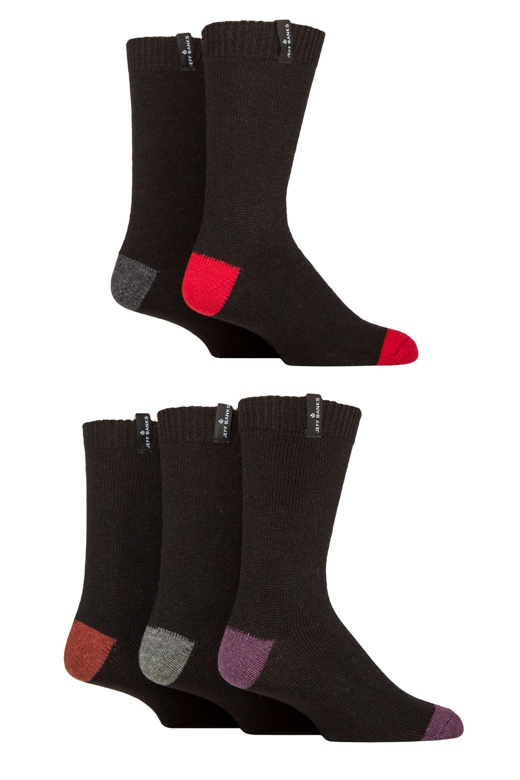 Mens 5 Pair Jeff Banks Recycled Wool Boot Socks – Black, Blue & Charcoal