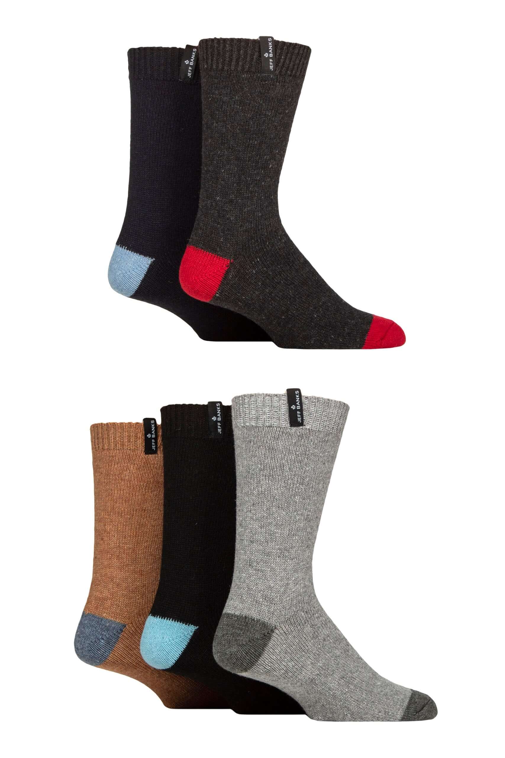 Mens 5 Pair Jeff Banks Recycled Wool Boot Socks – Black, Blue & Charcoal
