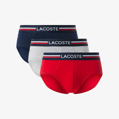 Lacoste 3-Pack Logo Waist Monochrome Cotton Briefs - Navy/Grey Chine/Red