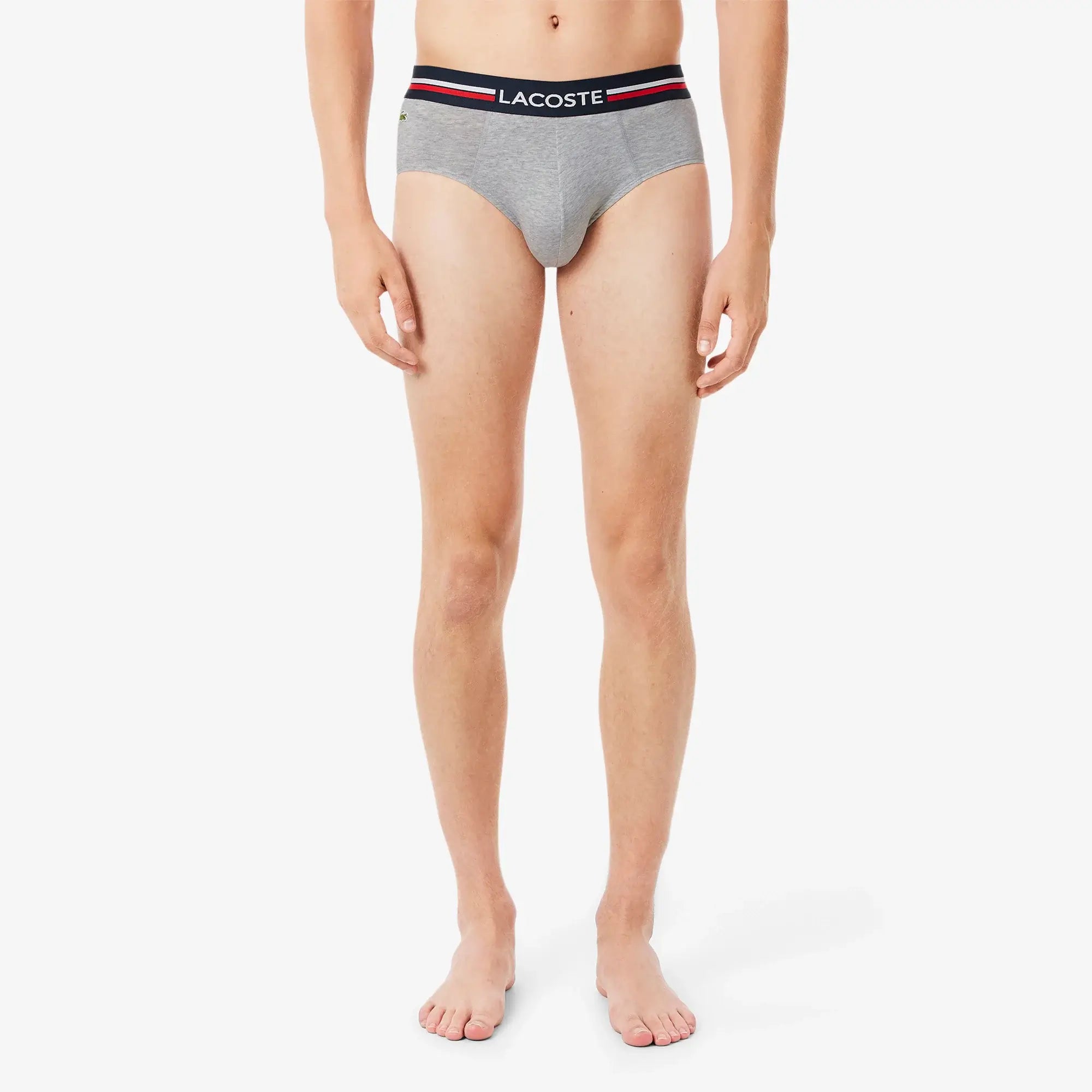 Lacoste Men’s 3-Pack Cotton Briefs - Navy Blue / Grey Chine / Red • W34