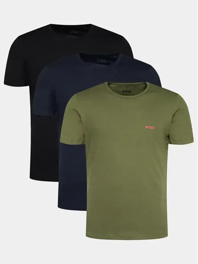 BOSS 3 Pack Regular Fit Cotton T-Shirts Logo Embroidered - Black / Blue / Green