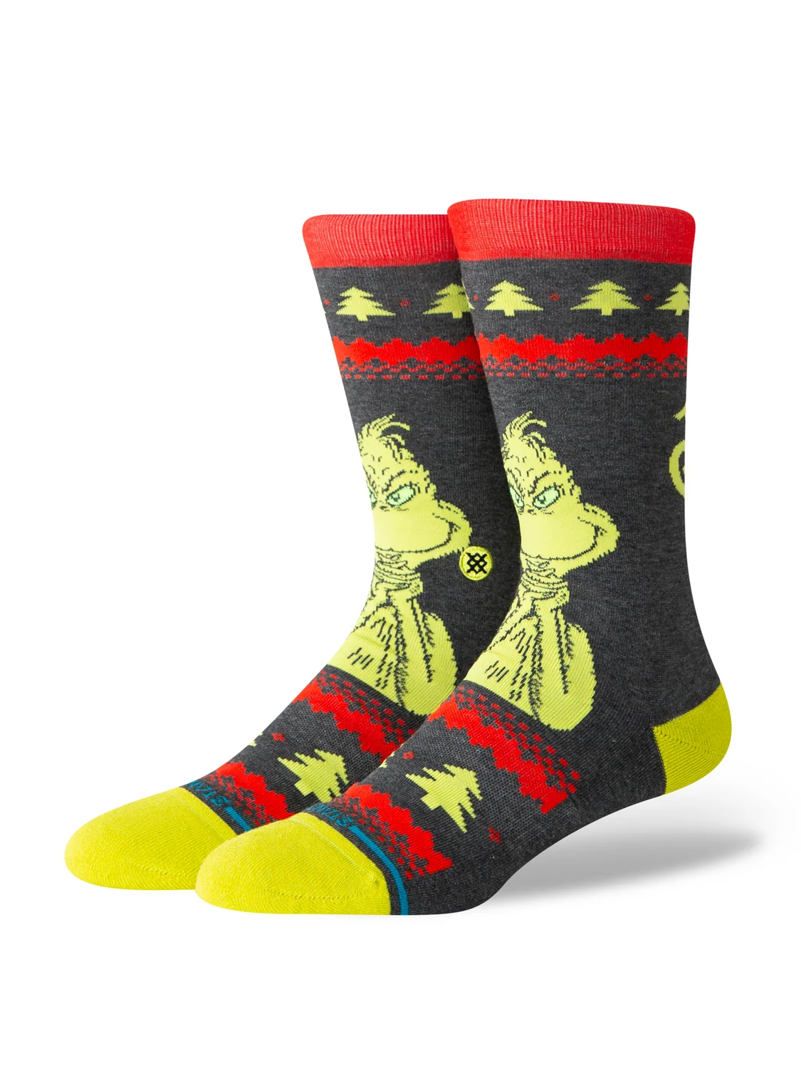 Stance Grinch Sweater crew socks black with green Grinch face and red Christmas pattern, angled view