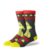 Stance Grinch Sweater crew socks black with green Grinch face and red Christmas pattern, angled view