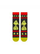 Stance Grinch Sweater black crew socks with Grinch character graphic and bright green toes, flat front view