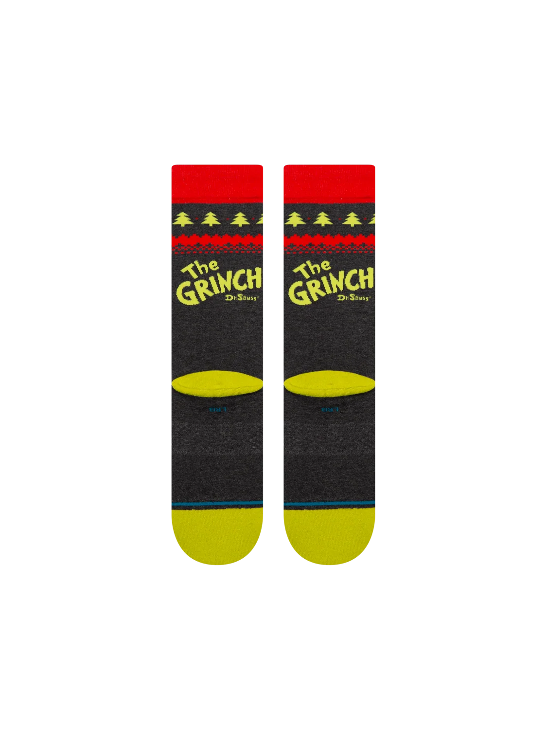 Stance Grinch Sweater black socks reverse view showing yellow Grinch lettering, festive tree pattern and red cuffs