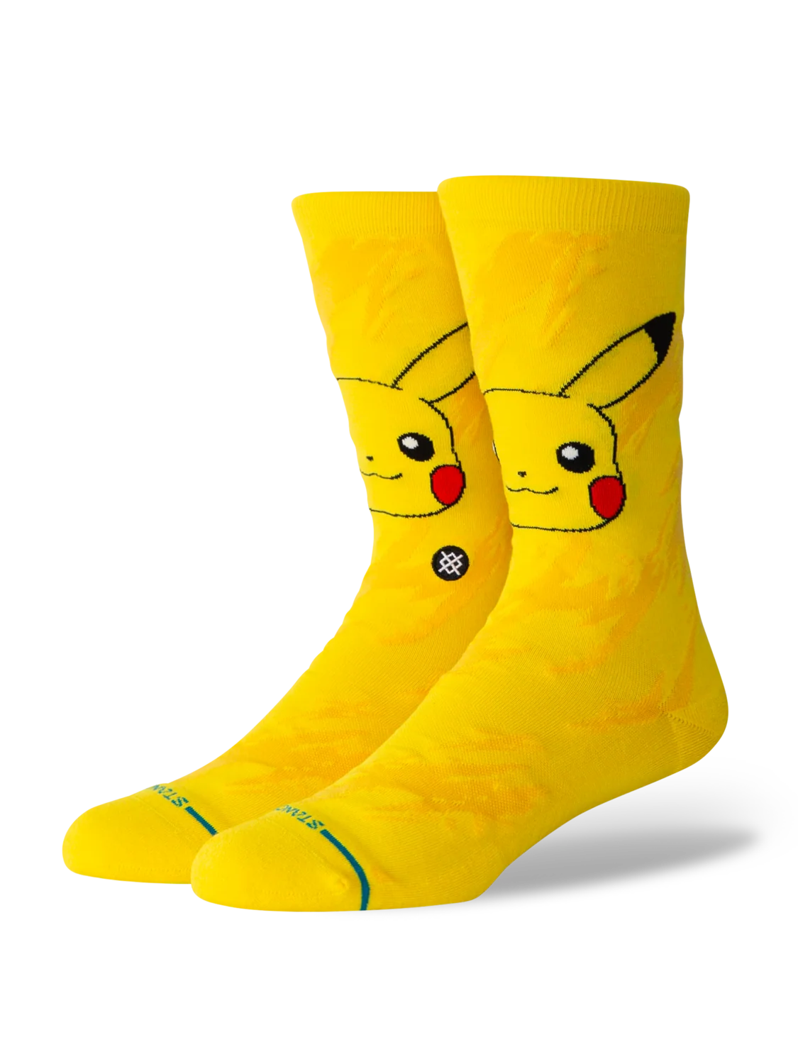 Stance Pikachu Bolt yellow crew socks with Pikachu face and red cheeks – angled product view