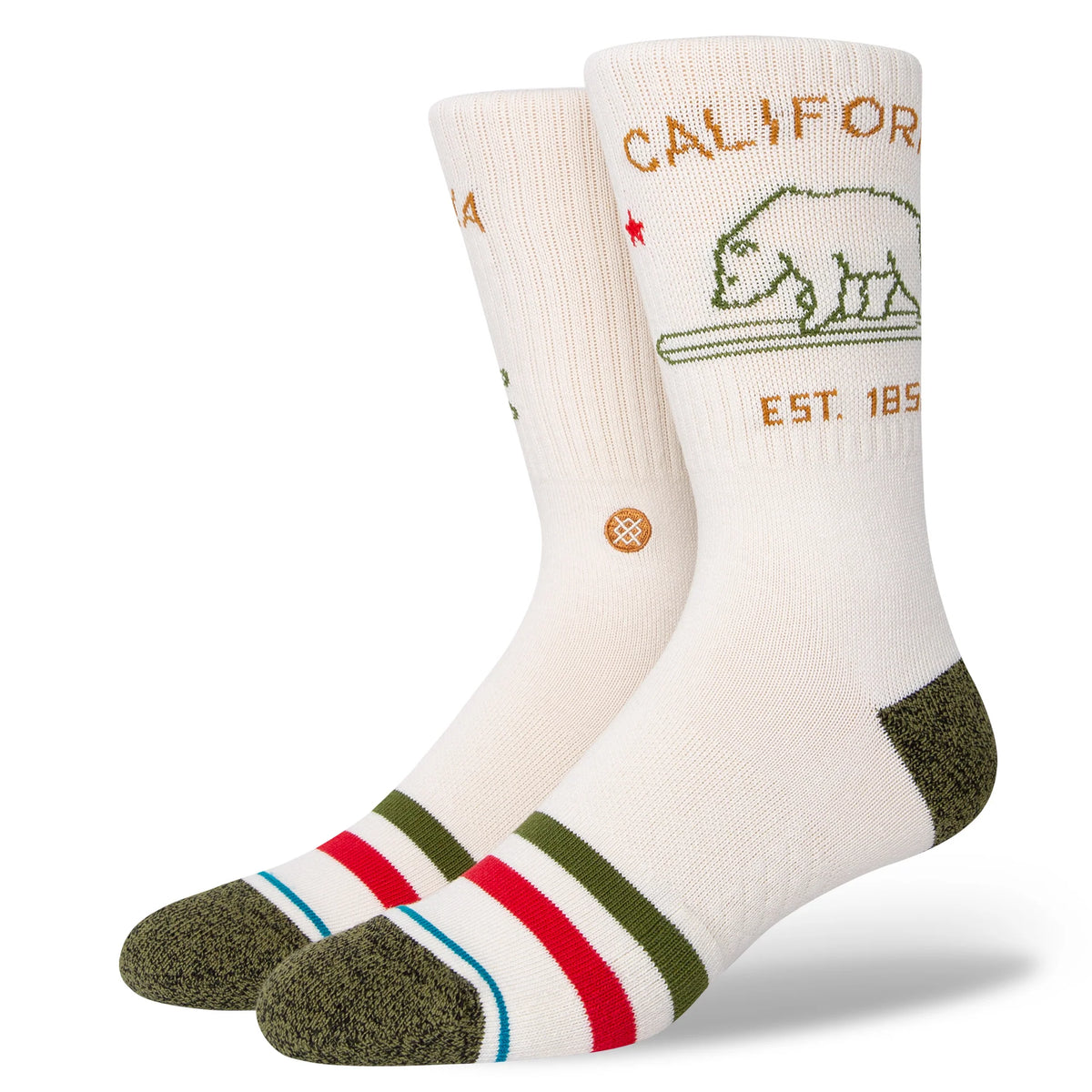 Stance California Republic 2 off-white crew socks with California bear logo, olive heels and red green stripes – angled view
