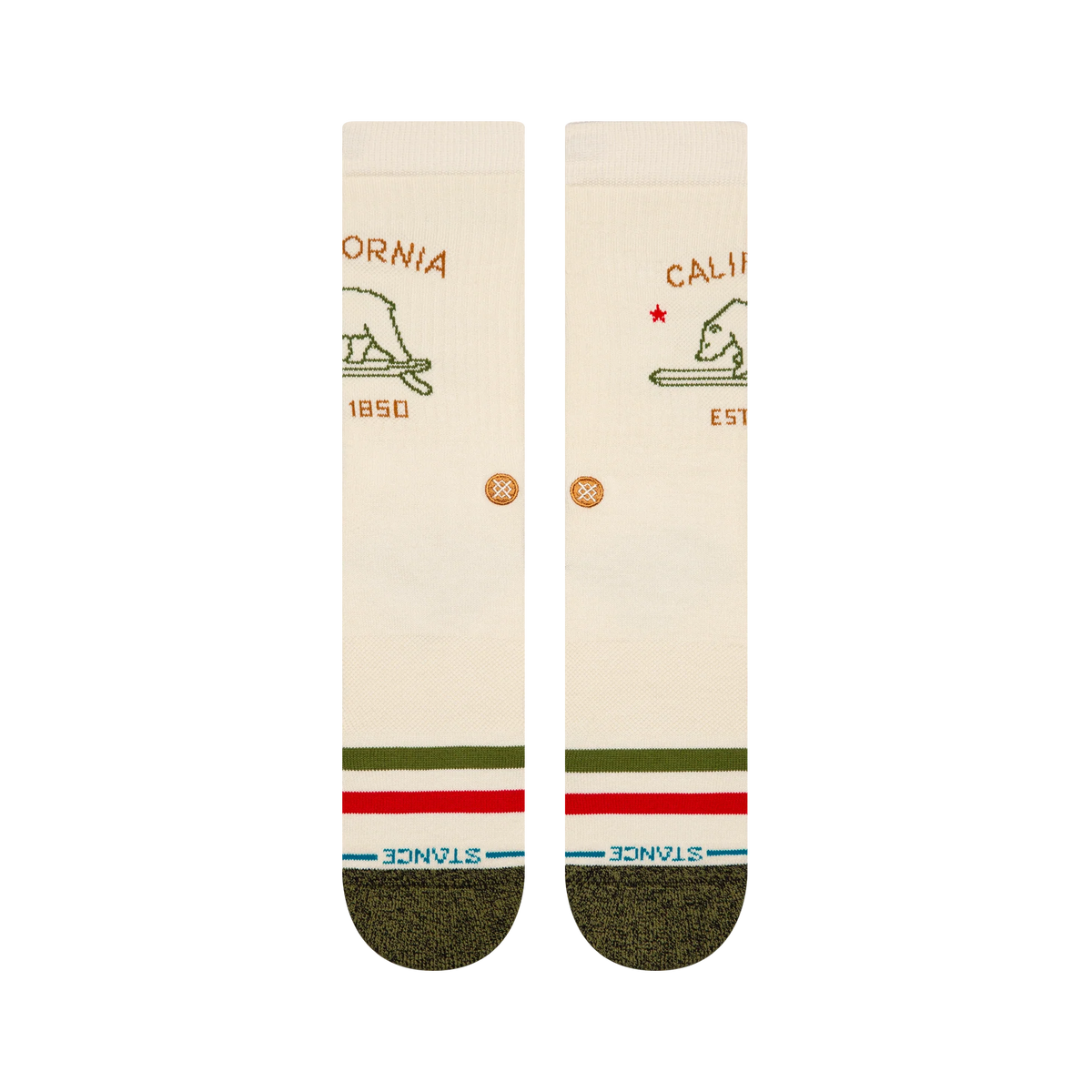 Stance California Republic 2 crew socks in off white – front view of California bear and Est 1850 design