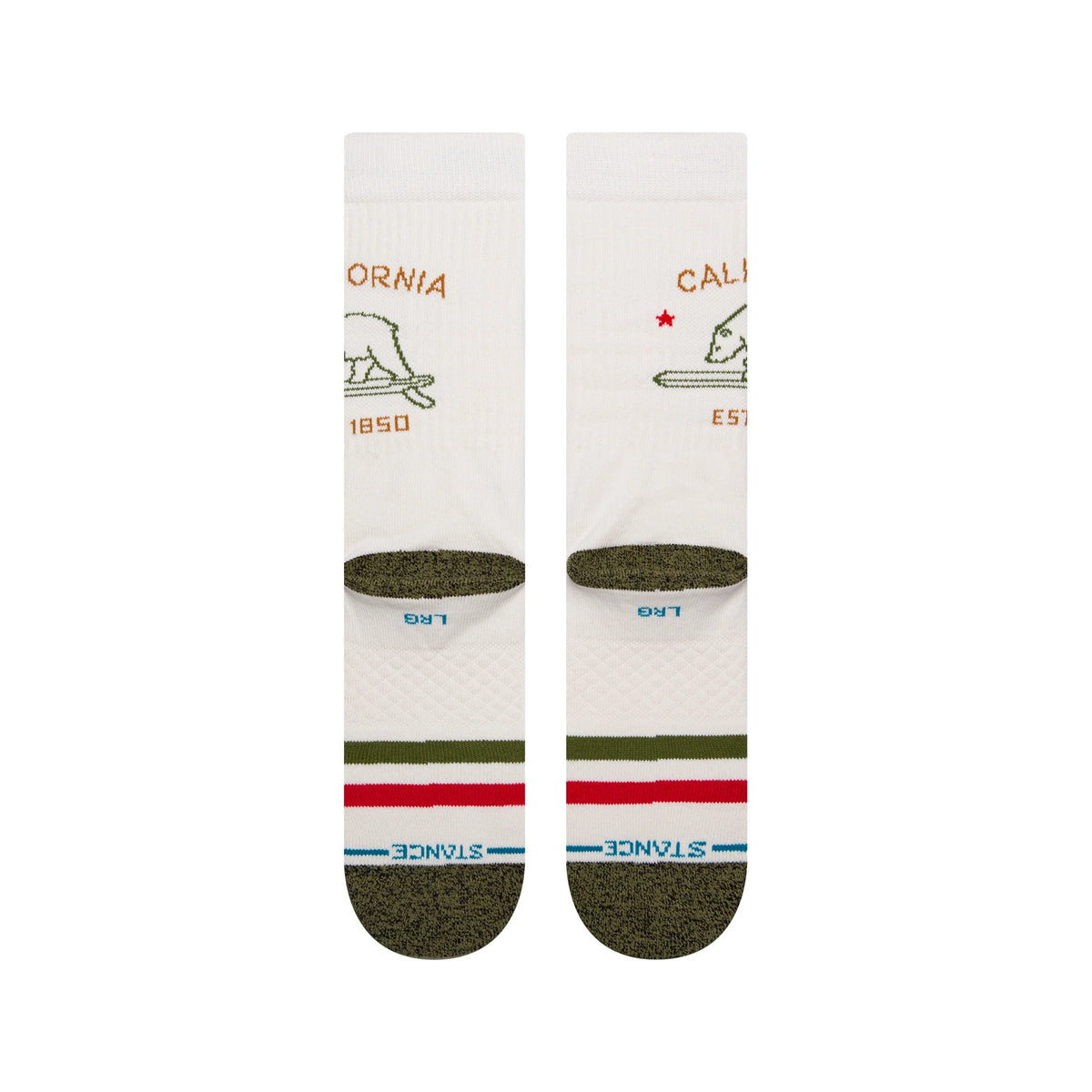 Stance California Republic 2 off-white crew socks rear view showing red and green stripes and olive toes