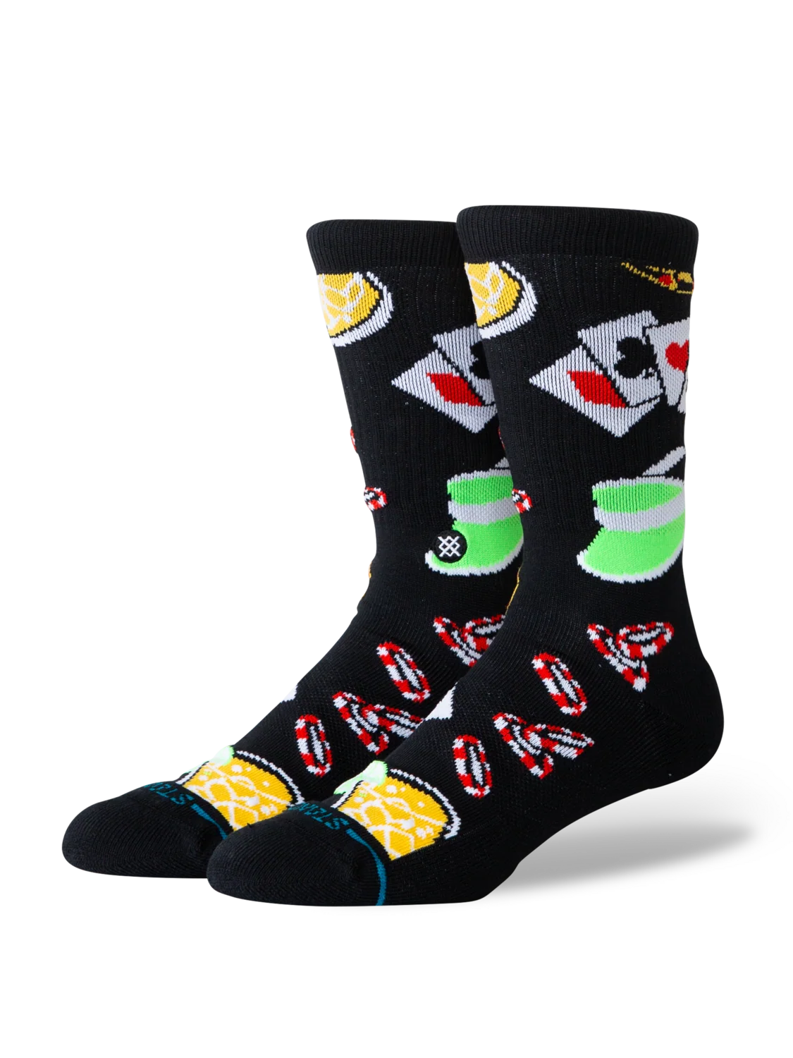 Stance All In black crew socks with casino cards, chips and cocktail designs – angled view