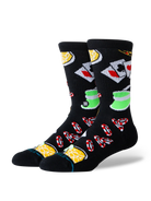 Stance All In black crew socks with casino cards, chips and cocktail designs – angled view