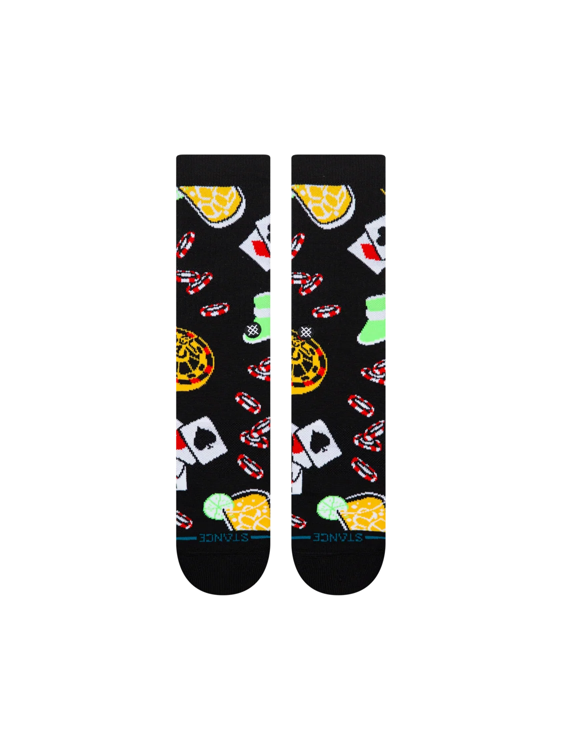 Stance All In crew socks black – flat view of playing cards, chips and drinks pattern